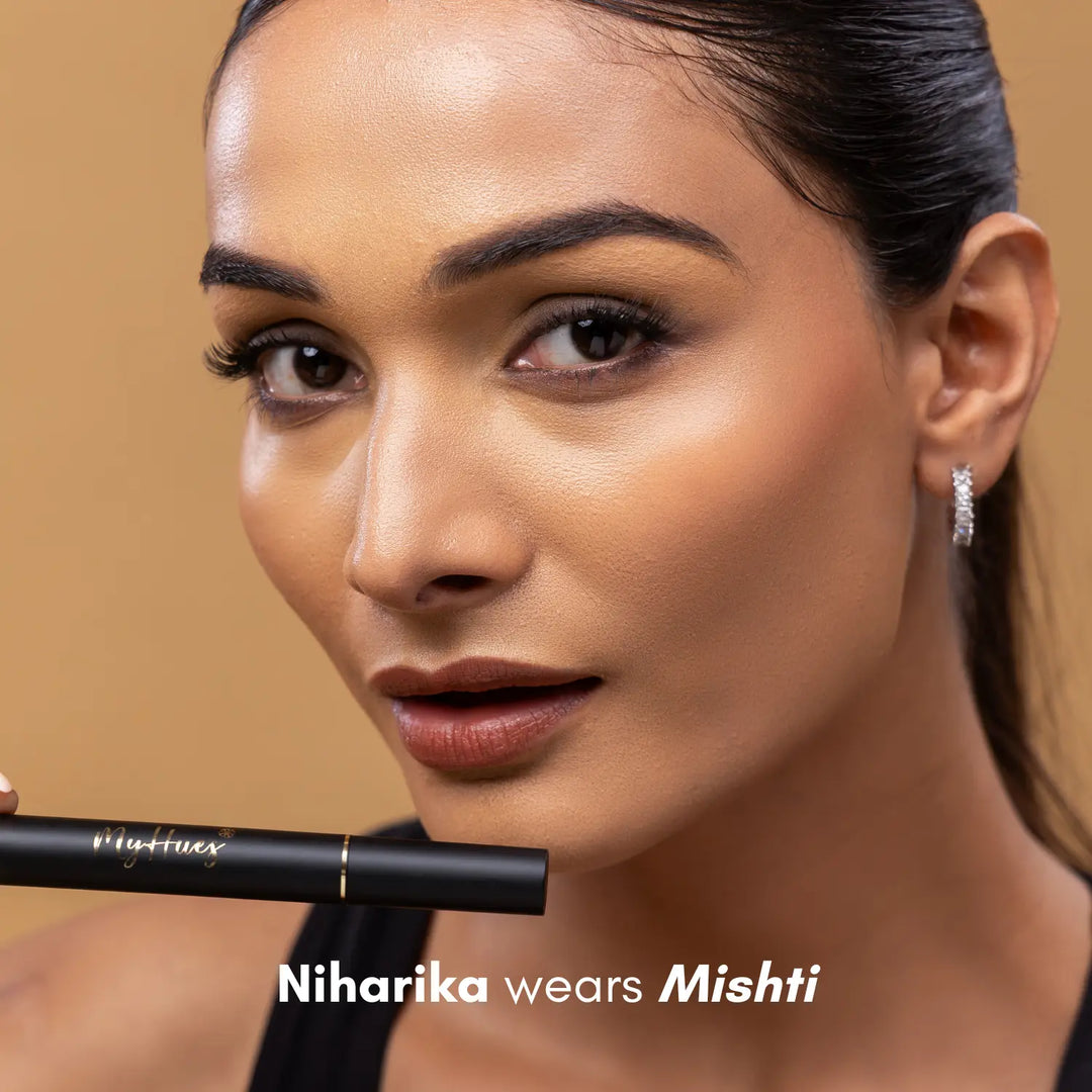 MyHues Colour Smudgestix in Mishti – cool toned nude brown lipstick and blush on medium Indian skin tone, soft matte finish with rich pigmentation and smooth blendable texture