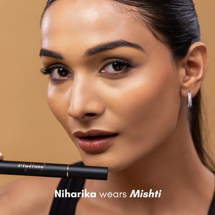 MyHues Colour Smudgestix in Mishti – cool toned nude brown lipstick and blush on medium Indian skin tone, soft matte finish with rich pigmentation and smooth blendable texture