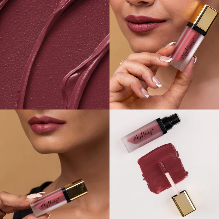MyHues Comfort Matte Liquid Lipstick in Gulkand – muted berry pink shade shown with creamy texture swatch and lip application on light, medium, and deep Indian skin tones, soft matte finish with smooth even pigmentation