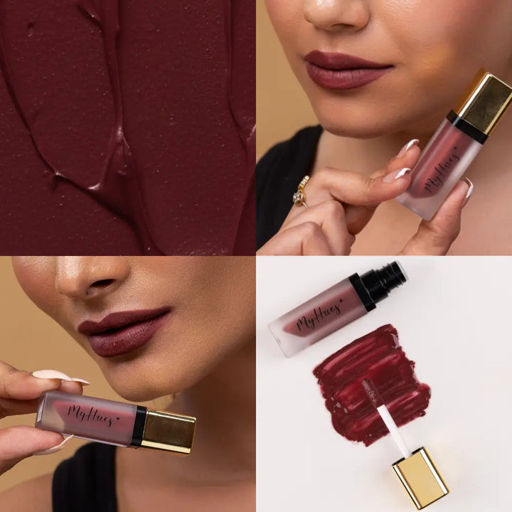 MyHues Comfort Matte Liquid Lipstick in Kokum Sherbet – deep mahogany brown shade with subtle red undertones shown with creamy texture swatch and lip application on light, medium, and deep Indian skin tones, soft matte finish with rich even pigmentation