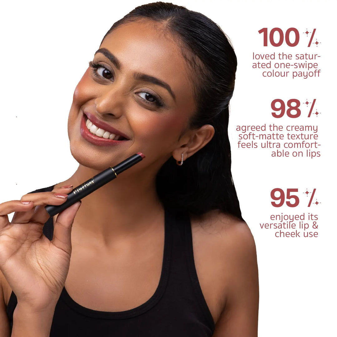  Indian model wearing MyHues Smudgestix Rasbhari, a dusty nude pink soft matte lip and cheek stick. Consumer-tested results show 100% loved the one-swipe colour payoff, 98% praised the creamy comfortable texture, and 95% enjoyed its versatile application on lips and cheeks.