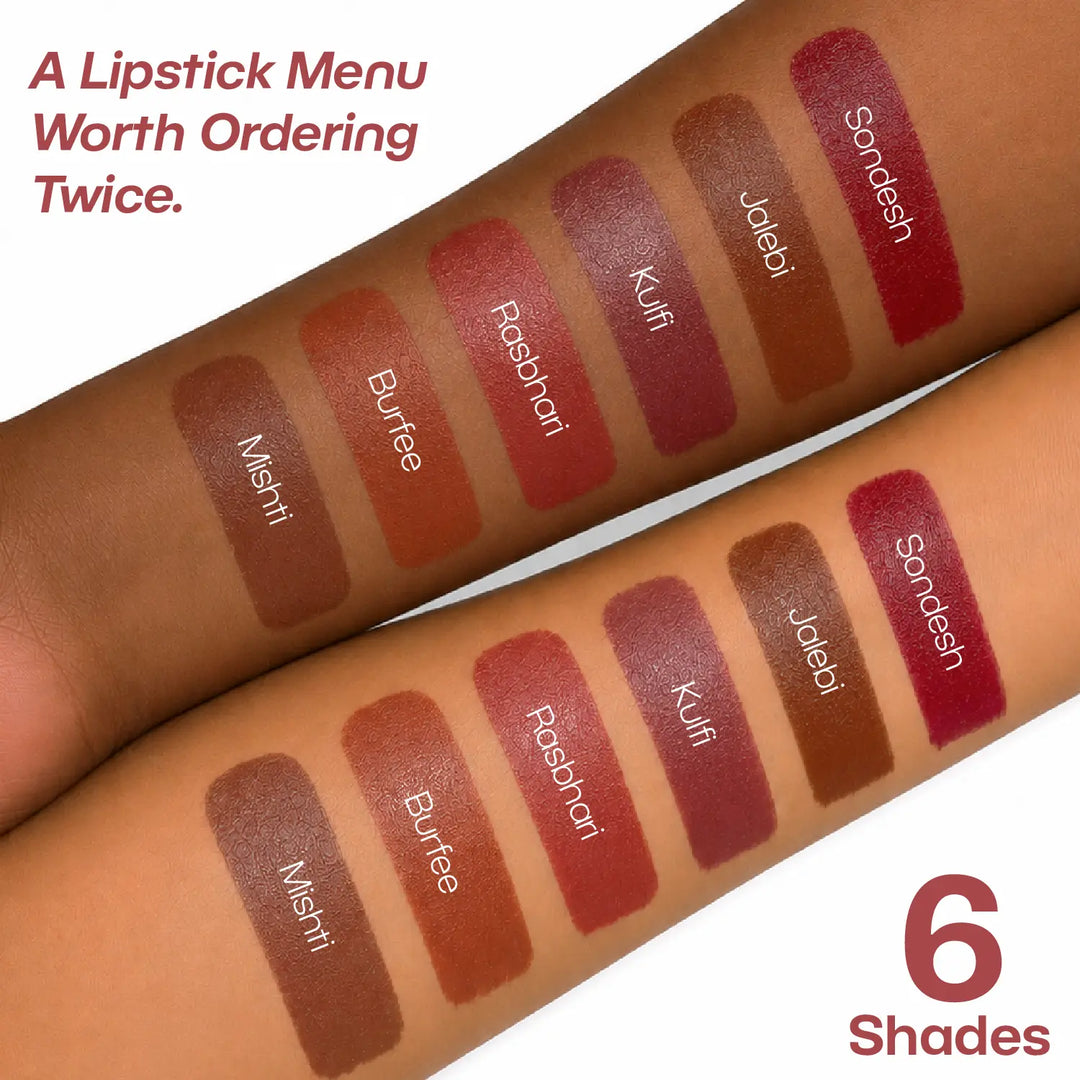 MyHues Smudgestix arm swatches featuring Mishti, Burfee, Rasbhari, Kulfi, Jalebi and Sondesh on light and deep Indian skin tones. Soft matte lip and cheek stick collection showcasing inclusive cool nude brown, warm nude brown, dusty nude pink, mauve, deep brown and burgundy shades designed for Indian complexions.