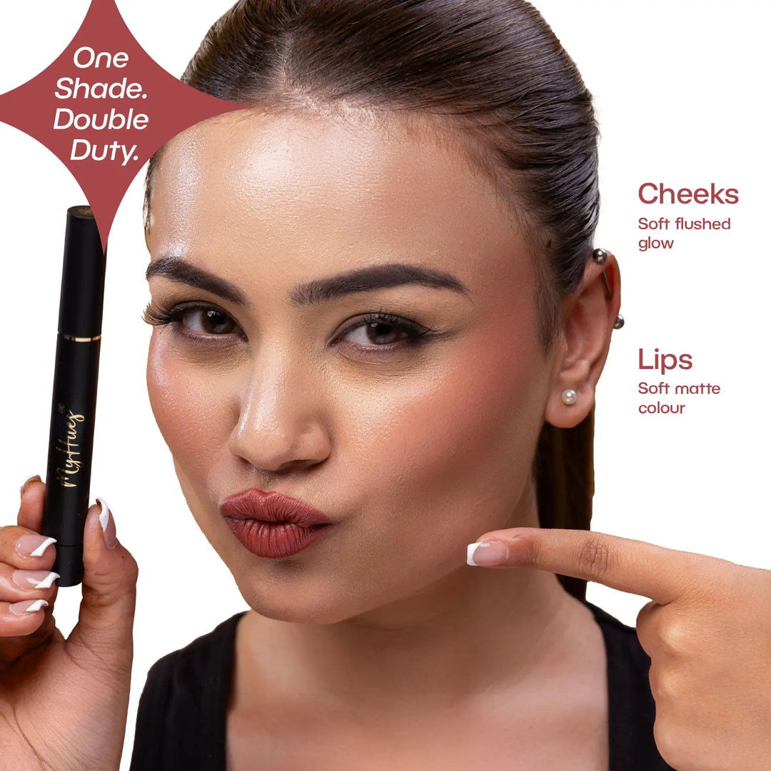 Indian model wearing MyHues Smudgestix Rasbhari as both lipstick and blush, demonstrating the versatile dusty nude pink lip and cheek stick. Creamy soft matte formula blends effortlessly on cheeks while providing comfortable, long-lasting colour on lips.