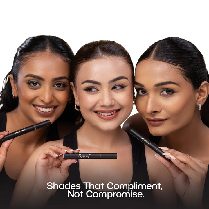 Three Indian models with fair, medium and deep skin tones showcasing MyHues Smudgestix Rasbhari dusty nude pink lip and cheek stick. Soft matte multitasking makeup designed to flatter diverse Indian skin tones with naturally elegant nude pink colour.