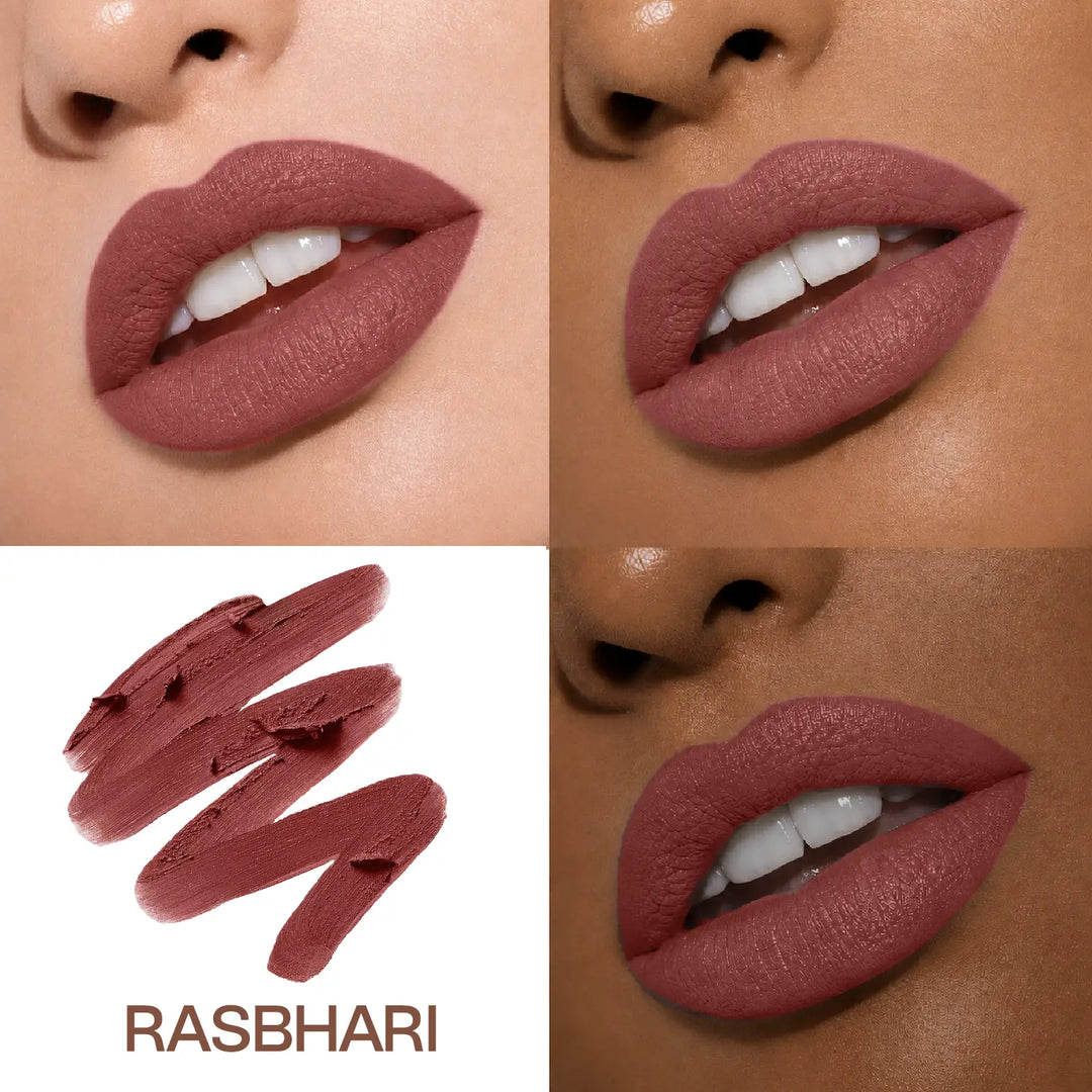 Close-up lip swatches of MyHues Smudgestix Rasbhari on fair and deep Indian skin tones with matching dusty nude pink lipstick swatch. Soft matte formula delivers rich pigmentation, even coverage, and a flattering muted pink finish across multiple Indian complexions.
