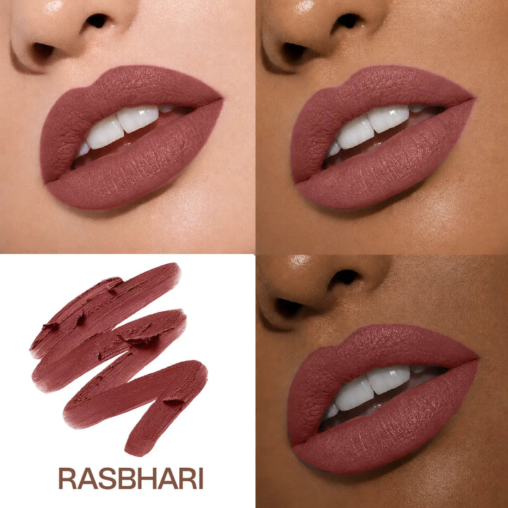 Close-up lip swatches of MyHues Smudgestix Rasbhari on fair and deep Indian skin tones with matching dusty nude pink lipstick swatch. Soft matte formula delivers rich pigmentation, even coverage, and a flattering muted pink finish across multiple Indian complexions.