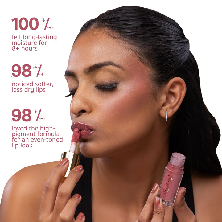 Indian model applying MyHues HyGlow Lip Elixir Rooh, a nude pink high-shine lip oil and lip gloss. Consumer-tested results show 100% experienced long-lasting moisture for over 8 hours, 98% noticed softer lips, and 98% loved the highly pigmented formula for an even-toned lip look.