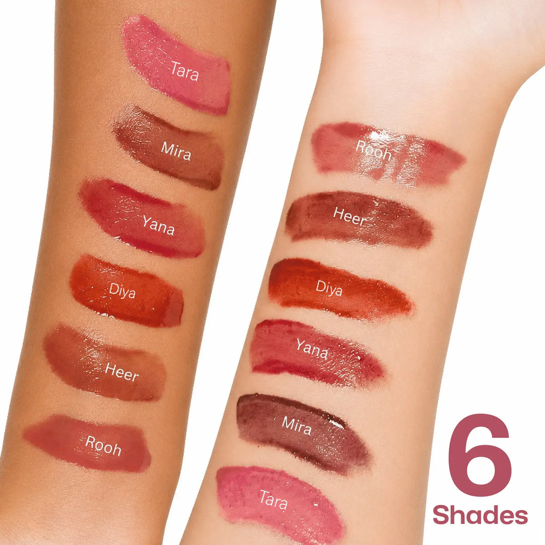 MyHues HyGlow Lip Elixir arm swatches featuring Tara, Mira, Yana, Diya, Heer and Rooh on light and deep Indian skin tones. High-shine pigmented lip oil and lip gloss hybrid showcasing nude pink, nude brown, terracotta, rose pink and brown shades designed to flatter Indian complexions and cover pigmented lips.