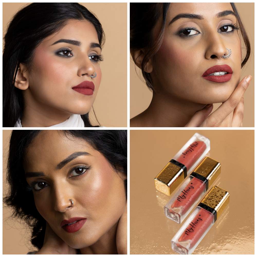 rust red lipstick for Indian skin tone : MyHues saanjh matte lipstick