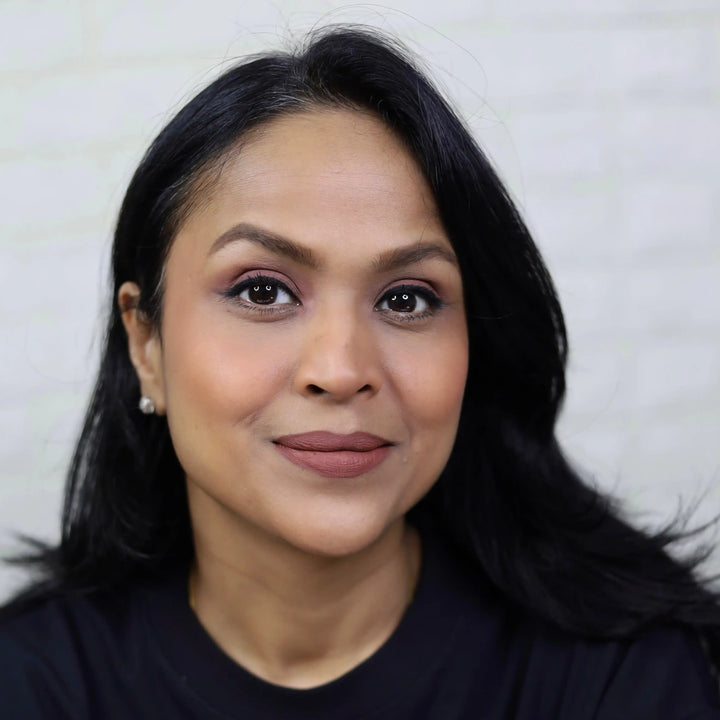 MyHues Sehar nude brown liquid lipstick on Shalini Srivastava medium brown Indian skin tone, everyday nude brown shade with high pigmentation and long lasting comfortable matte finish on lips