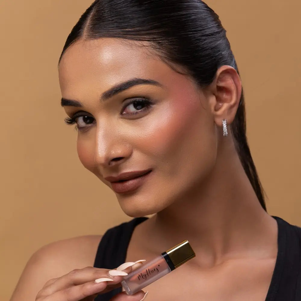 MyHues Sehar nude brown liquid lipstick swatch on medium Indian skin tone, flattering everyday brown matte lipstick with high pigmentation and long lasting comfortable wear
