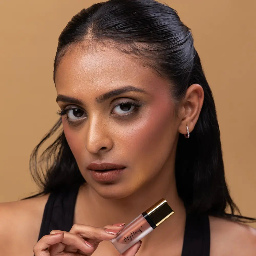 MyHues Sehar nude brown liquid lipstick on deep Indian skin tone, rich everyday nude brown shade that complements dusky complexions with long lasting transfer proof comfort matte finish