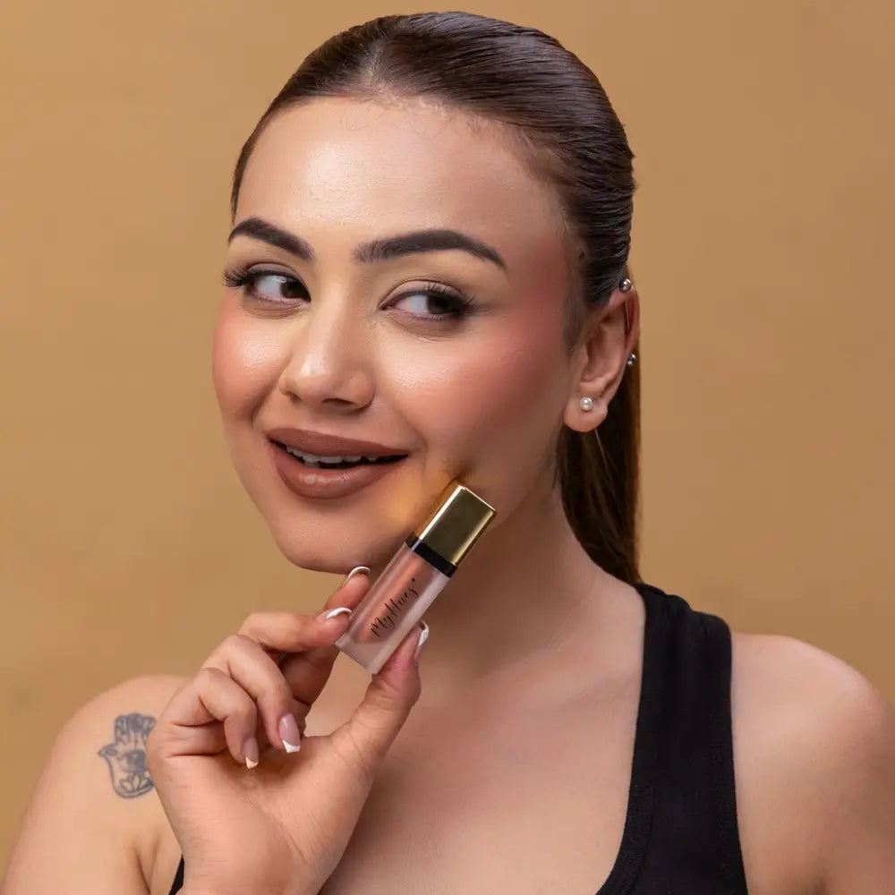 MyHues Lip Comfort Matte Liquid Lipstick in Sehar nude brown shade on fair Indian skin tone, everyday nude brown liquid lipstick with long lasting transfer proof comfort matte finish