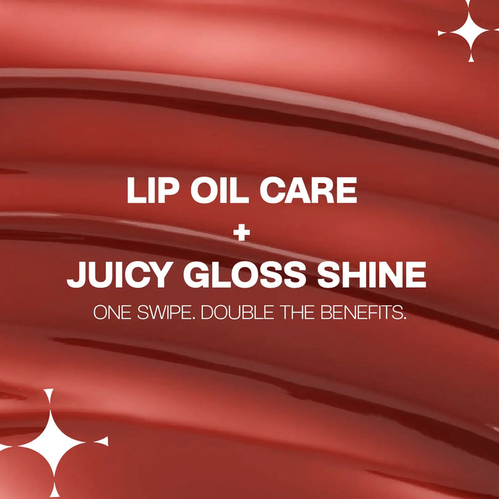 Close-up of MyHues HyGlow Lip Elixir glossy warm terracotta brown texture highlighting its innovative lip oil and lip gloss hybrid formula. Highly pigmented gloss delivers juicy shine, lightweight hydration and smooth, comfortable wear while nourishing lips with every swipe.