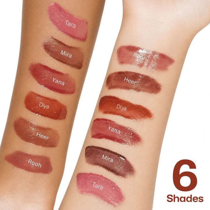 MyHues HyGlow Lip Elixir arm swatches featuring Tara, Mira, Yana, Diya, Heer and Rooh on light and deep Indian skin tones. High-shine pigmented lip oil and lip gloss hybrid showcasing warm terracotta brown, rich brown, nude brown, nude pink and rose pink shades designed to flatter Indian complexions and cover pigmented lips