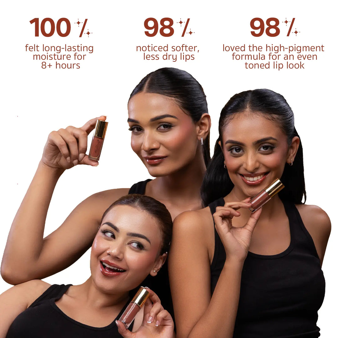 Indian model applying MyHues HyGlow Lip Elixir Heer, a nude brown high-shine lip oil and lip gloss. Consumer-tested results show 100% experienced long-lasting moisture for over 8 hours, 98% noticed softer lips, and 98% loved the highly pigmented formula for an even-toned lip look.