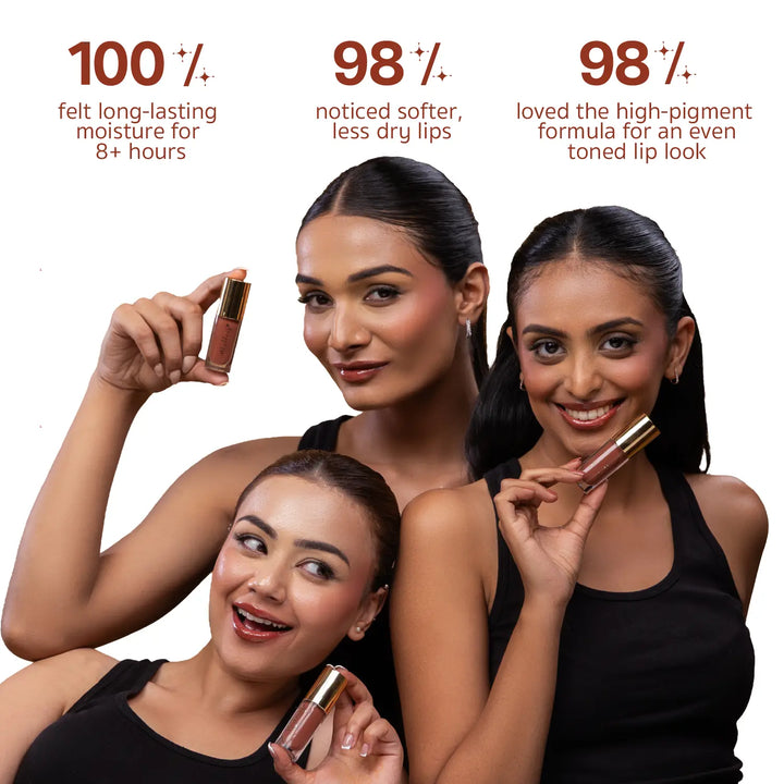 Indian model applying MyHues HyGlow Lip Elixir Heer, a nude brown high-shine lip oil and lip gloss. Consumer-tested results show 100% experienced long-lasting moisture for over 8 hours, 98% noticed softer lips, and 98% loved the highly pigmented formula for an even-toned lip look.