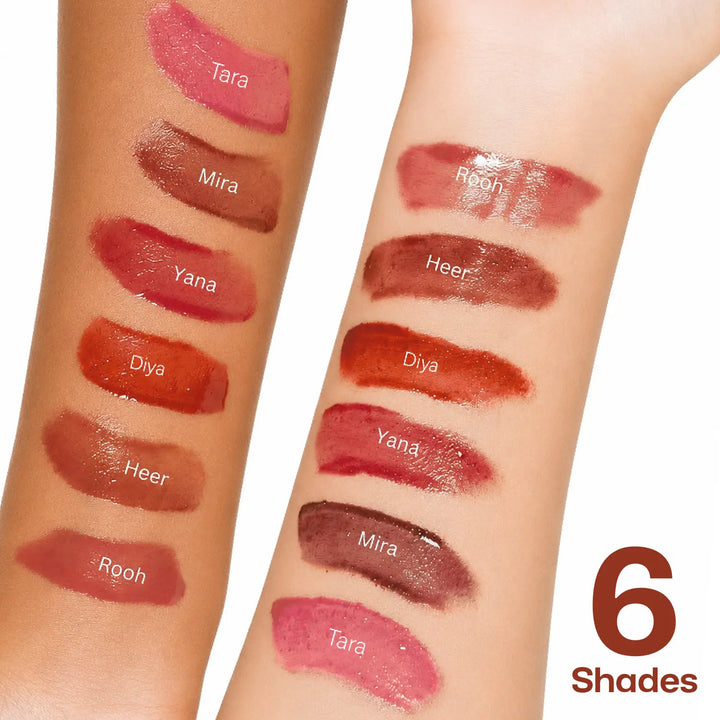 MyHues HyGlow Lip Elixir arm swatches featuring Tara, Mira, Yana, Diya, Heer and Rooh on light and deep Indian skin tones. High-shine pigmented lip oil and lip gloss hybrid showcasing nude brown, rich brown, nude pink, warm rose pink and terracotta shades designed to complement Indian complexions and cover pigmented lips.