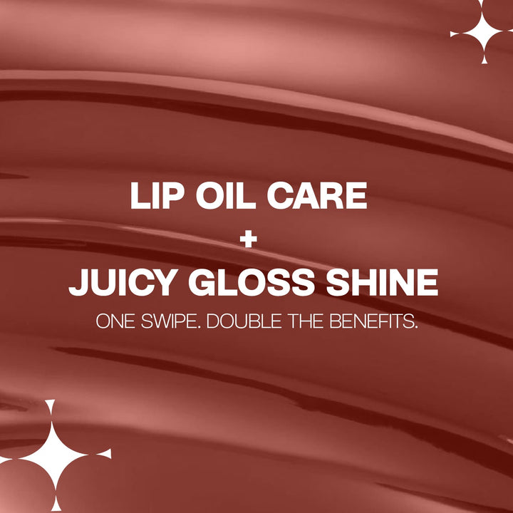 Close-up of MyHues HyGlow Lip Elixir glossy rich brown texture highlighting its innovative lip oil and lip gloss hybrid formula. Highly pigmented gloss delivers juicy shine, lightweight hydration and smooth, comfortable wear while nourishing lips with every swipe.