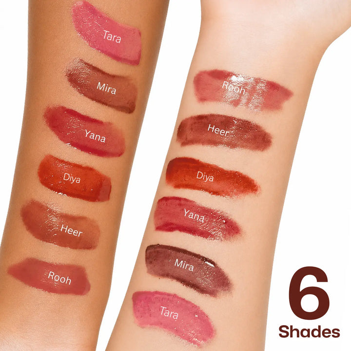 MyHues HyGlow Lip Elixir arm swatches featuring Tara, Mira, Yana, Diya, Heer and Rooh on light and deep Indian skin tones. High-shine pigmented lip oil and lip gloss hybrid showcasing rich brown, nude pink, nude brown, terracotta and rose pink shades designed to complement all Indian complexions and cover pigmented lips.