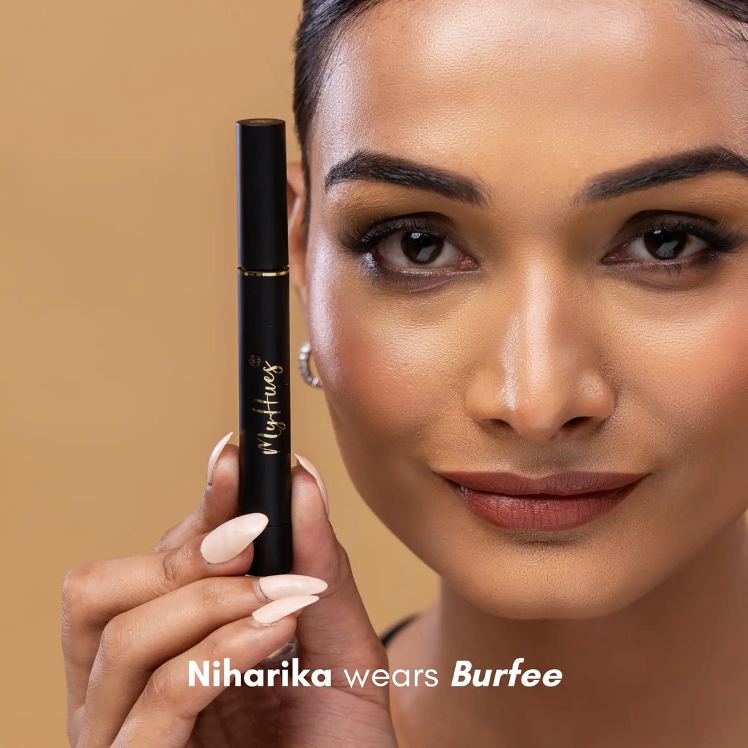 MyHues Colour Smudgestix in Burfee – warm nude brown lipstick and blush on medium Indian skin tone, soft matte finish with rich pigmentation and smooth blendable texture
