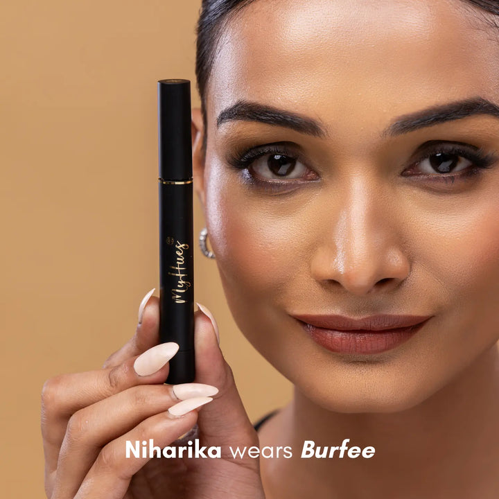 MyHues Colour Smudgestix in Burfee – warm nude brown lipstick and blush on medium Indian skin tone, soft matte finish with rich pigmentation and smooth blendable texture