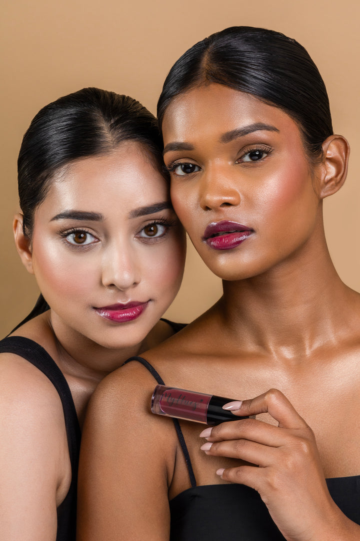 Burgundy lip gloss for Indian skin tone