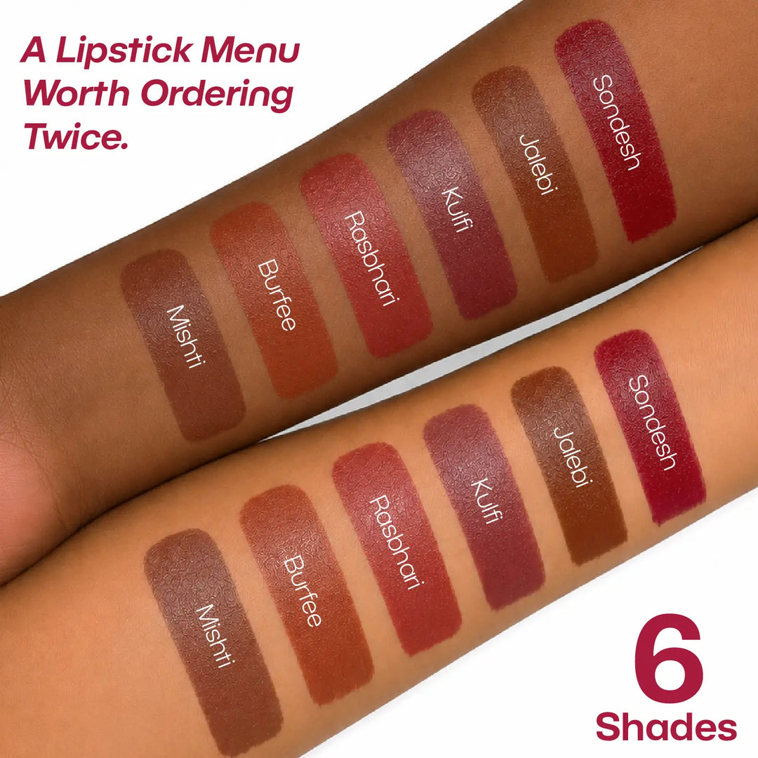 MyHues Colour Smudgestix full shade range arm swatches – Mishti, Burfee, Rasbhari, Kulfi, Jalebi and Sondesh shown on medium and deep Indian skin tones, soft matte lipstick and blush sticks with high pigmentation and smooth blendable texture