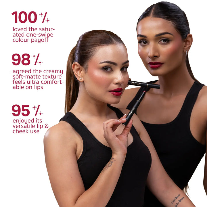 Two Indian models wearing MyHues Smudgestix Sondesh, a deep burgundy soft matte lip and cheek stick. Image highlights consumer-tested claims including 100% loved one-swipe colour payoff, 98% loved the creamy comfortable texture, and 95% enjoyed its versatile lip and cheek application.