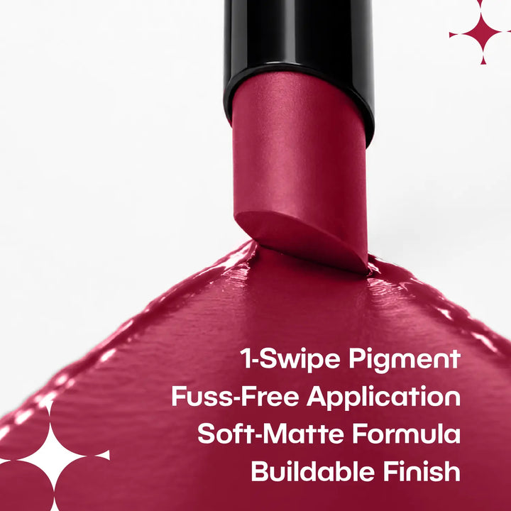 MyHues Smudgestix Sondesh shade swatch showing a deep burgundy soft matte lipstick colour with rich creamy pigmentation. Burgundy lip and cheek stick designed for Indian skin tones with smooth blendability, high colour payoff, and a comfortable matte finish.