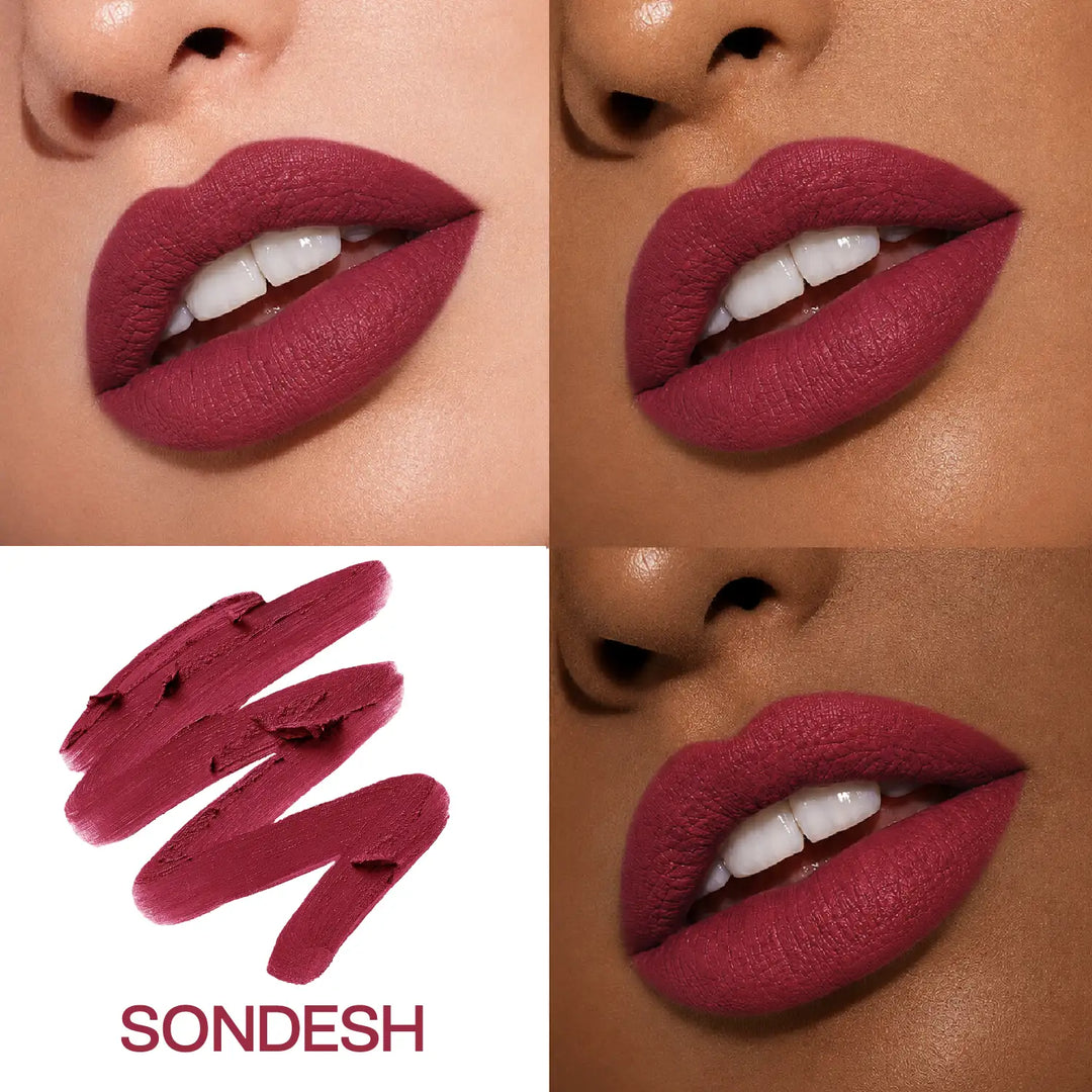 MyHues Smudgestix Sondesh burgundy lipstick shown on fair and deep Indian skin tones with matching lipstick swatch. Close-up lip swatches demonstrate rich one-swipe pigmentation, soft matte finish, and flattering colour across multiple Indian complexions.