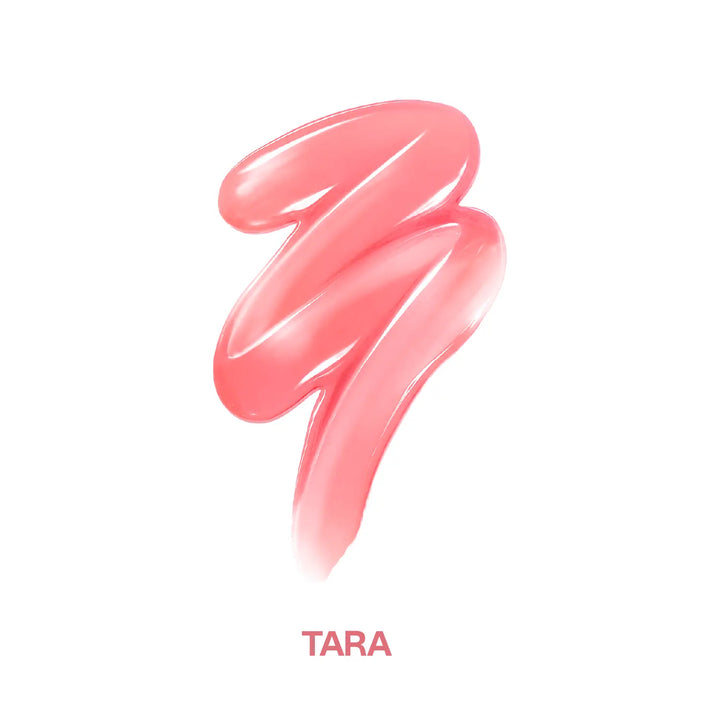 MyHues HyGlow Lip Elixir Tara shade swatch featuring a glossy light nude pink lip oil and lip gloss hybrid. Highly pigmented formula provides high-shine colour, smooth application, lightweight hydration and comfortable wear while helping cover dark or pigmented lips.