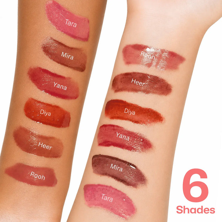 MyHues HyGlow Lip Elixir arm swatches featuring Tara, Mira, Yana, Diya, Heer and Rooh on light and deep Indian skin tones. High-shine pigmented lip oil and lip gloss hybrid showcasing light nude pink, rich brown, nude brown, warm rose pink and terracotta brown shades designed to flatter Indian complexions and cover pigmented lips.