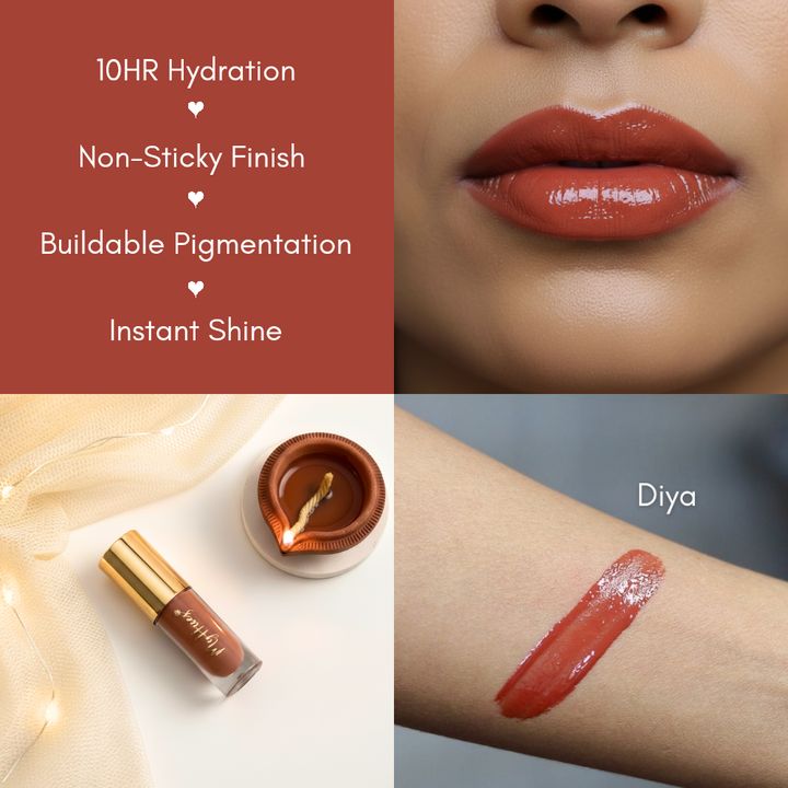MyHues terracotta brown lip gloss Diya for dusky skin tone